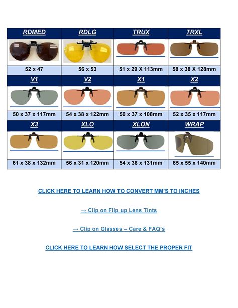 clip on sunglasses size chart.